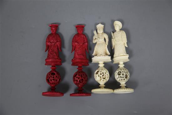 A 19th century Cantonese ivory chess set, king 7in.